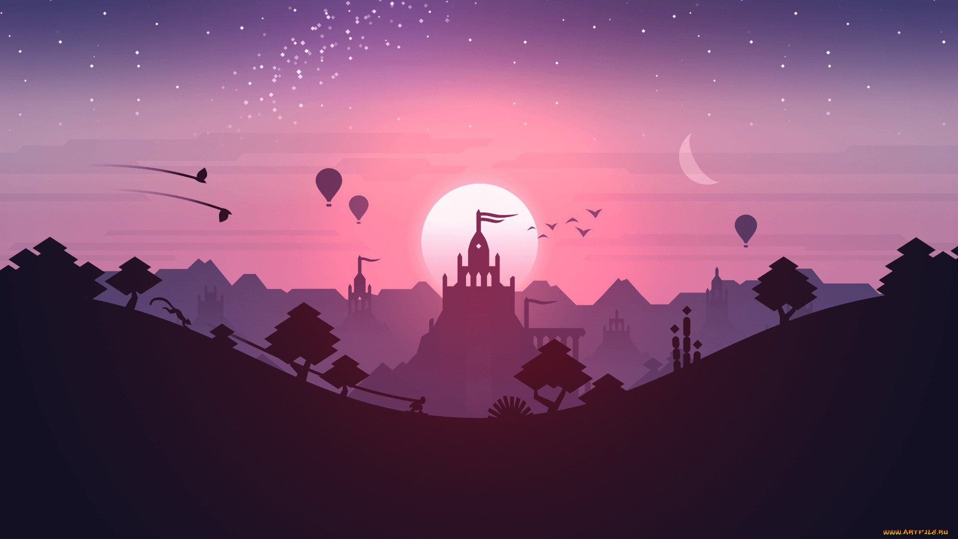  ,  , city, temple, sunset, landscape, stars, games, purple